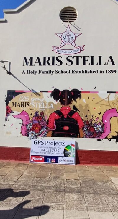 Maris Stella wall mural with “MARIS STELLA” signage and a GPS Projects board in front